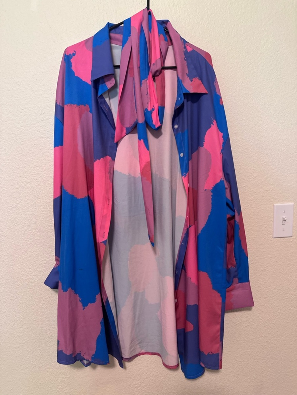 SHEIN Pink Blue Purple Abstract Tie-Neck Blouse